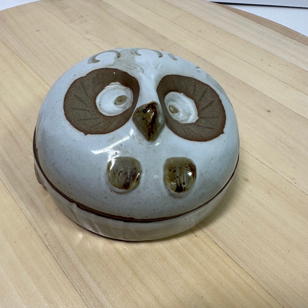Vintage Ceramic OWL Trinket Box Pin Ring Dish Lidded Michael Day Earthtones